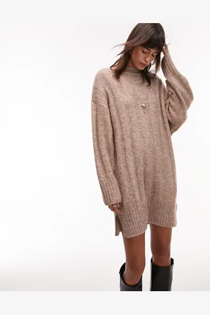 Topshop Knitted oversized funnel neck wide rib mini dress in mushroom