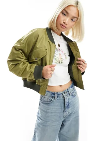 ONLY Cropped high shine bomber jacket in khaki