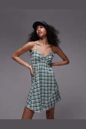 Topshop Strappy ruched waist mini flippy dress in mint check