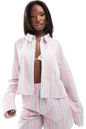 Kaiia Cropped poplin shirt co-ord in pink stripe
