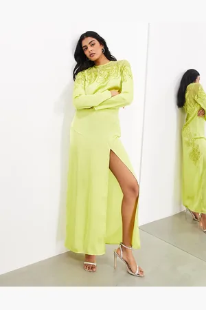ASOS Embroidered lace panelled long sleeve column maxi dress in lime