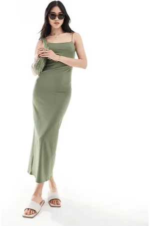 Pull&Bear Polyamide sculpt strappy maxi dress in khaki