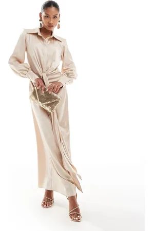 DASKA Satin maxi shirt dress with twist detail in taupe