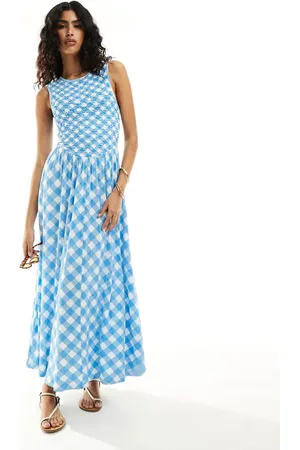 ASOS Crinkle shirred bodice maxi dress with open back in gingham print