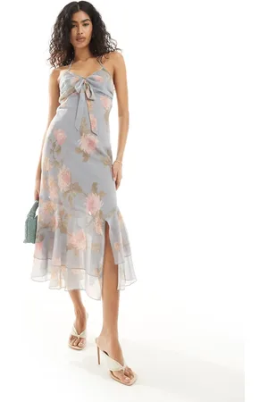 Miss Selfridge Occasion chiffon tie front maxi slip dress in blue vintage floral
