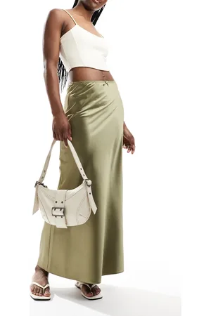 Miss Selfridge Satin trim detail bias maxi skirt in khaki