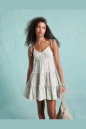 Miss Selfridge Tiered mini dress with tie cami straps in ditsy print