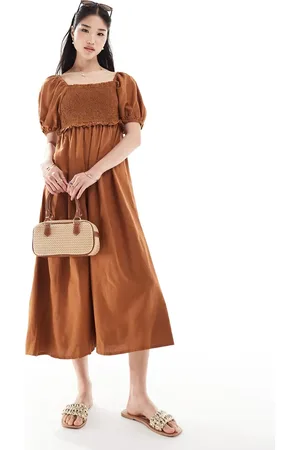 New Look Shirred puff sleeve linen blend midi dress in rust
