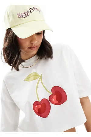 Miss Selfridge Graphic cherry print cropped t shirt in