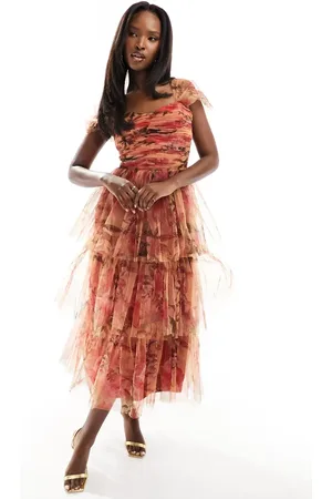 Lace & Beads Tiered tulle midi dress in abstract print