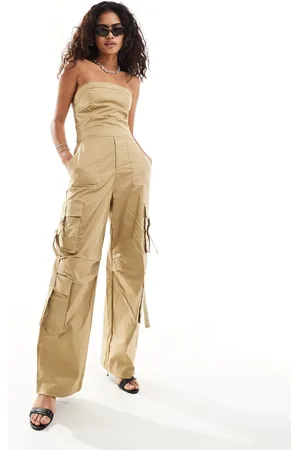 MANGO Utility bandeau jumpsuit in tan