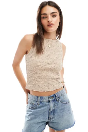 Stradivarius Crinkle boat neck top in beige
