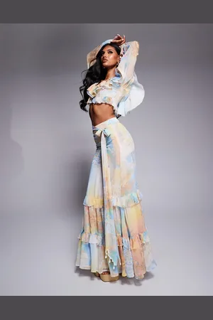 ASOS Co-ord ruffle organza maxi skirt with shell trims in postcard print