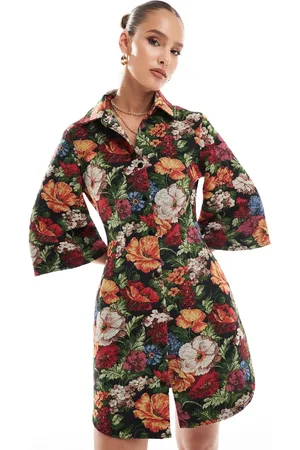 ASOS Mini shirt dress with fluted sleeve detail in floral tapestry