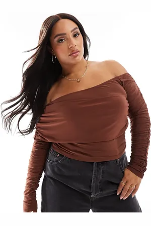 ASOS ASOS DESIGN Curve slinky asymmetric neck ruched sleeve top in chocolate