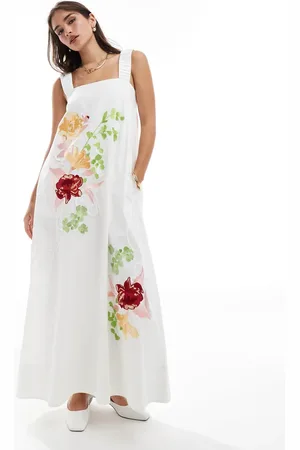 ASOS Embroidered floral square neck midi dress in