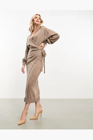 Pretty Lavish Beau wrap knit dress with tie waist in mocha