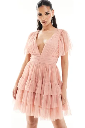Lace & Beads Madison v neck tulle mini dress in rose blush