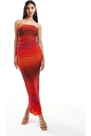 Missyempire Exclusive bandeau mesh ruched maxi dress in orange ombre