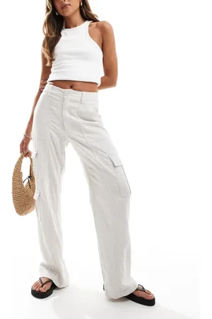 Hollister Linen cargo trouser in beige stripe