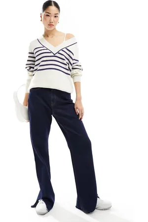 MANGO V neck stripe jumper in white and