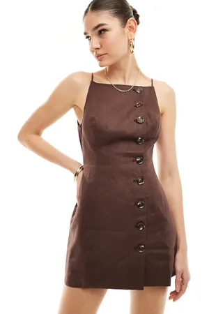 SNDYS Linen square neck button down cami mini dress in chocolate
