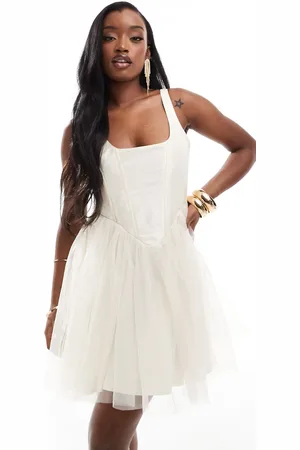 Lace & Beads Corset drop waist tulle mini dress in buttercream