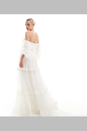 Lace & Beads Bubble sleeve ruffle maxi dress in ivory