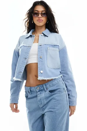 In The Style Frayed seam pocket detail denim jacket in light