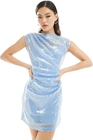 Rare Fashion London sequin high neck drape detail mini dress in baby