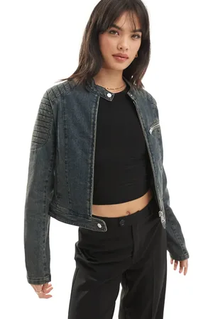 Pimkie Denim zip through fitted biker jacket in dirty denim
