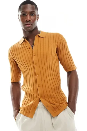 ASOS Lightweight knitted rib button through polo in burnt