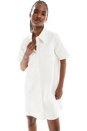 Monki Short sleeve button through collar mini shirt dress in