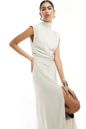 ASOS Linen high neck grown on sleeve midi dress with open back and button neck detail in oatmeal