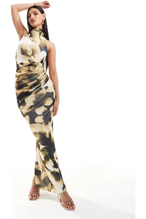 ASOS Mesh twist bust detail halter maxi with tie back neck in dark floral