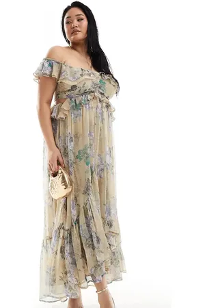 ASOS ASOS DESIGN Curve ruffle cut out off the shoulder maxi dress with hi low hem in green floral print