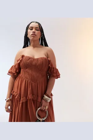 ASOS ASOS DESIGN Curve flutter sleeve high low midi dress in mocha