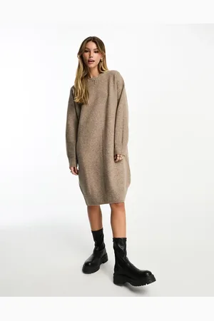 Monki Long sleeve oversized knitted jumper dress in beige