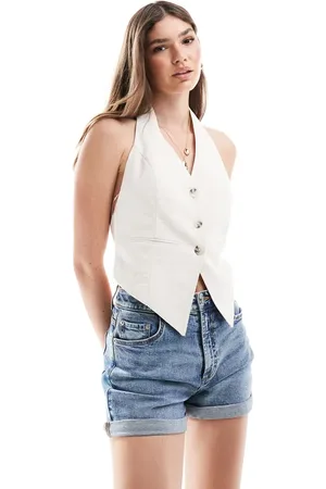 Stradivarius Linen look waistcoat with tie detail in stone