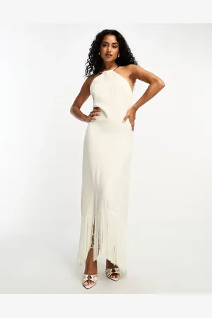 MANGO Premium halterneck fringe detail midi dress in ecru
