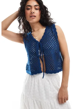 Pieces® Crochet tie front vest top in blue
