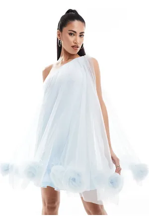 Lace & Beads Exclusive one shoulder ruffle hem tulle mini dress in sky