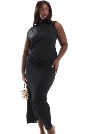 ASOS ASOS DESIGN Curve high neck pleated maxi dress with drape wrap skirt in