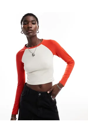 Monki Long sleeve colour block varsity top in white and red