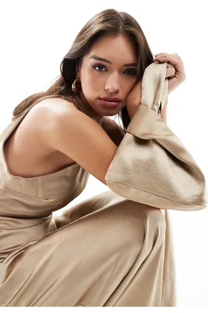Six Stories Bridesmaid satin pouch bag in champagne co-ord