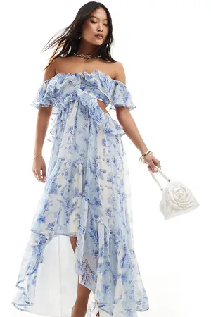ASOS ASOS DESIGN Petite ruffle cut out off the shoulder maxi dress with hi low hem in vintage mixed floral