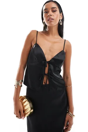 Miss Selfridge Satin tie front cami top in black