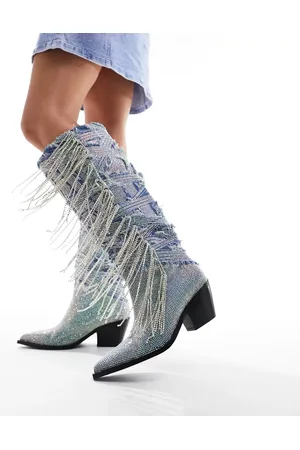 AZALEA WANG Domingo western fringe embellished knee boots in denim
