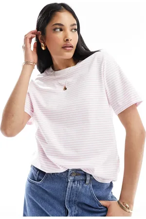 Pieces® Fold up sleeve t-shirt in pastel lilac stripe