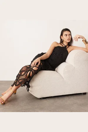 ASOS Embroidered abstract tape work halter midi dress in black